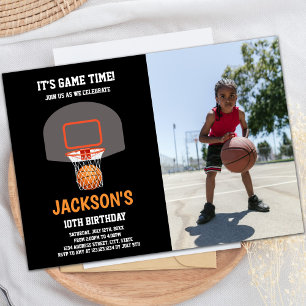 Black Orange Basketball Invitations with photo