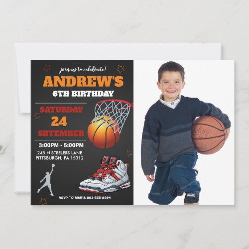 Black Orange Basketball Photo Birthday Invitation