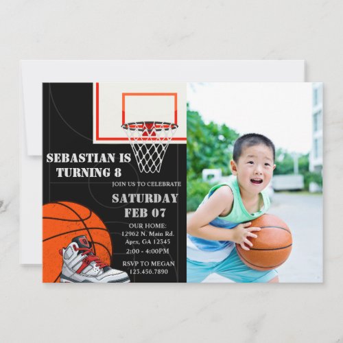 Black Orange Basketball Photo Birthday Invitations