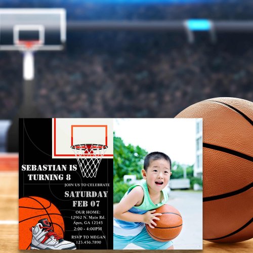 Black Orange Basketball Photo Birthday Invitations