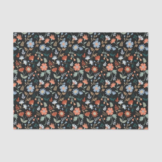 Black Orange Blue Botanical Floral Pattern Tissue Paper (Front)