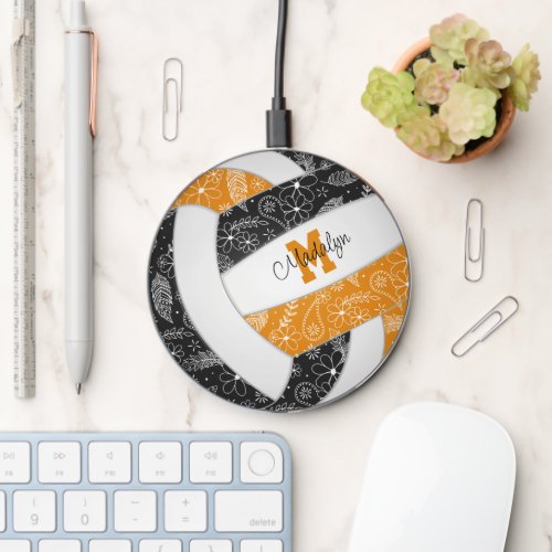 black orange boho doodle girls sports volleyball  wireless charger 