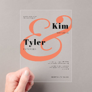Black orange bold bride and groom names wedding acrylic invitations