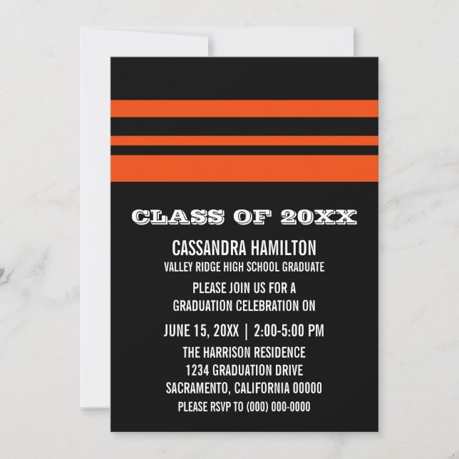 Black/Orange Bold Stripe Graduation Invite (Front)