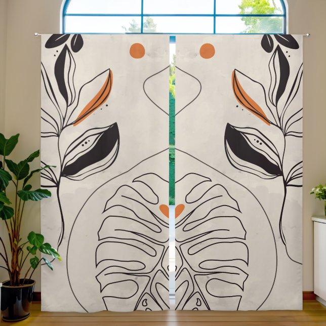 Black Orange Botanical Leaves Blackout Curtains (Living Room)