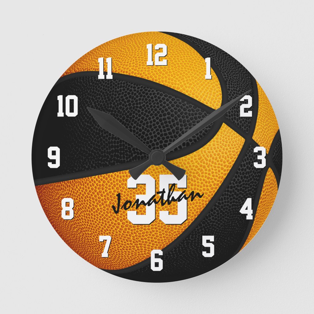 black orange boys girls basketball personalized round clock
