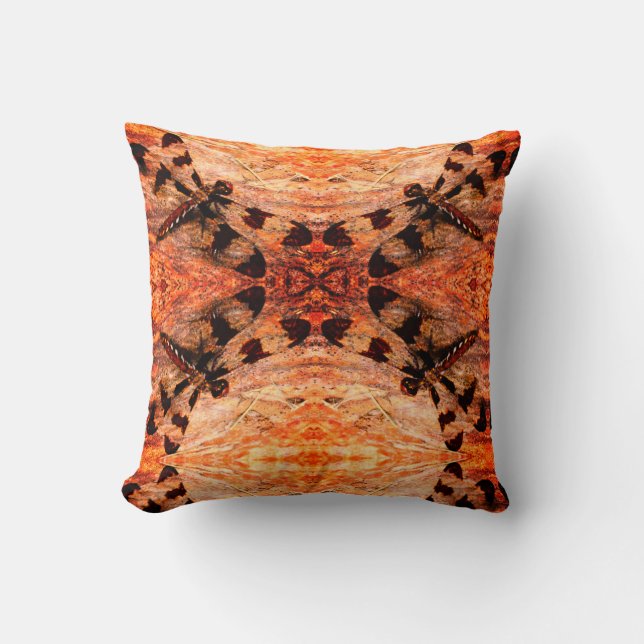 Black, orange, brown  dragonfly pattern solid back throw pillow (Front)