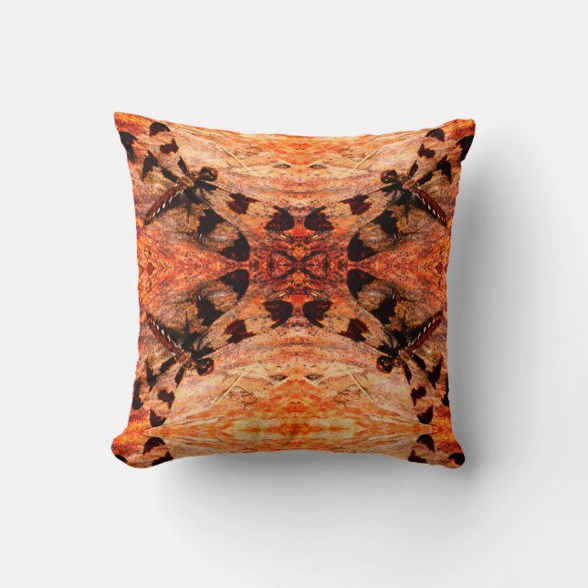 Black, orange, brown  dragonfly pattern solid back throw pillow (Front)