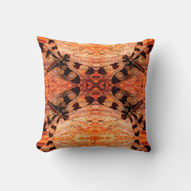 Black, orange, brown  dragonfly pattern solid back throw pillow (Front)