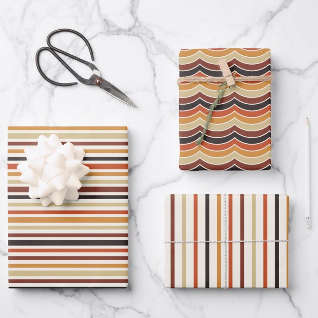 BLACK ORANGE BROWN TAN FALL STRIPES WRAPPING PAPER SHEETS (Front)