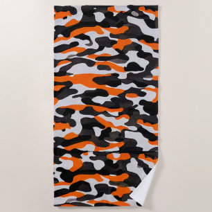 Black Orange camouflage pattern Beach Towel