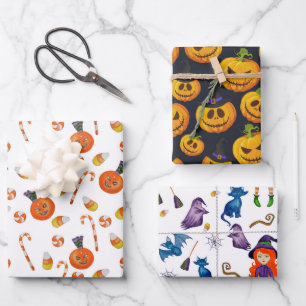 Black Orange Candy Pumpkin Witch Halloween Wrapping Paper Sheets