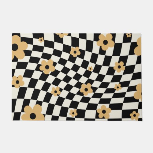 Black Orange Checkered Floral Doormat