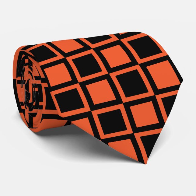 Black Orange Checkered Pattern Neck Tie (Rolled)