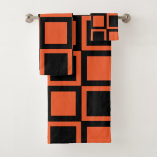 Black Orange Checkered Square Pattern Bath Towel Set