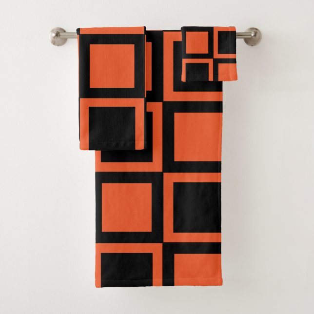 Black Orange Checkered Square Pattern Bath Towel Set (Insitu)