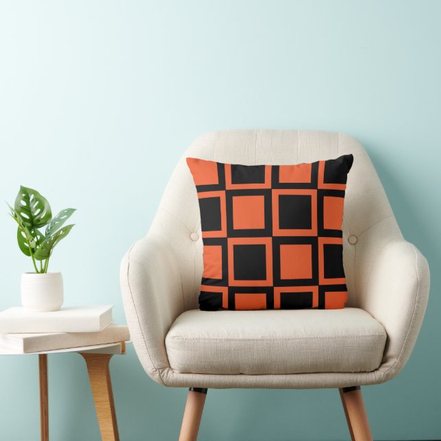 Black Orange Checkered Square  Throw Pillow (Chair)