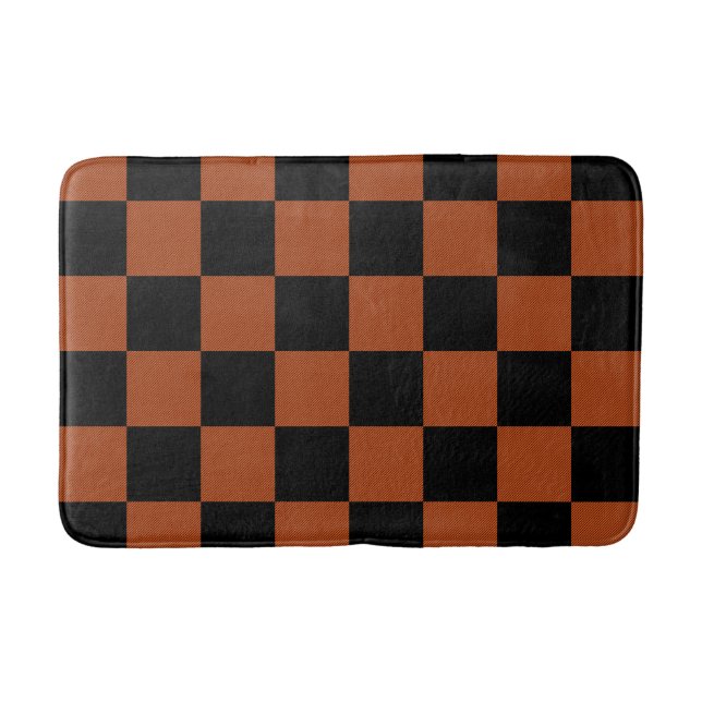 Black & Orange Checkered Squares Buffalo Plaid Bath Mat (Front)