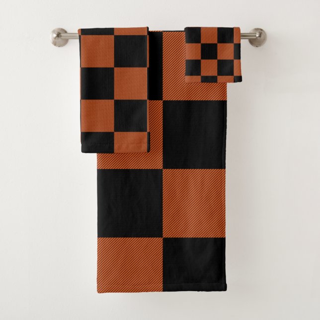 Black & Orange Checkered Squares Buffalo Plaid Bath Towel Set (Insitu)