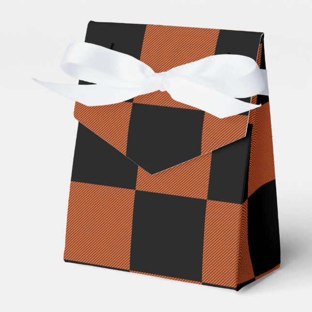 Black & Orange Checkered Squares Buffalo Plaid Favor Boxes (Front Side)