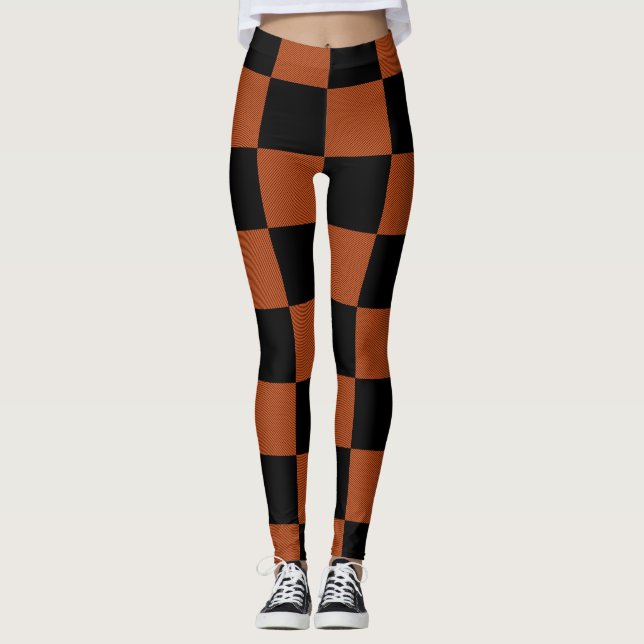 Black & Orange Checkered Squares Buffalo Plaid Leggings (Front)