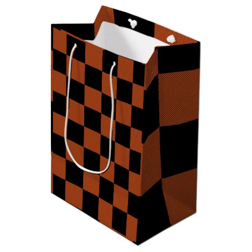 Black  Orange Checkered Squares Buffalo Plaid Medium Gift Bag