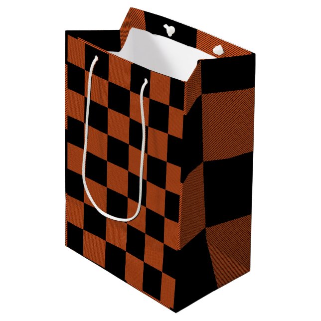 Black & Orange Checkered Squares Buffalo Plaid Medium Gift Bag (Front Angled)