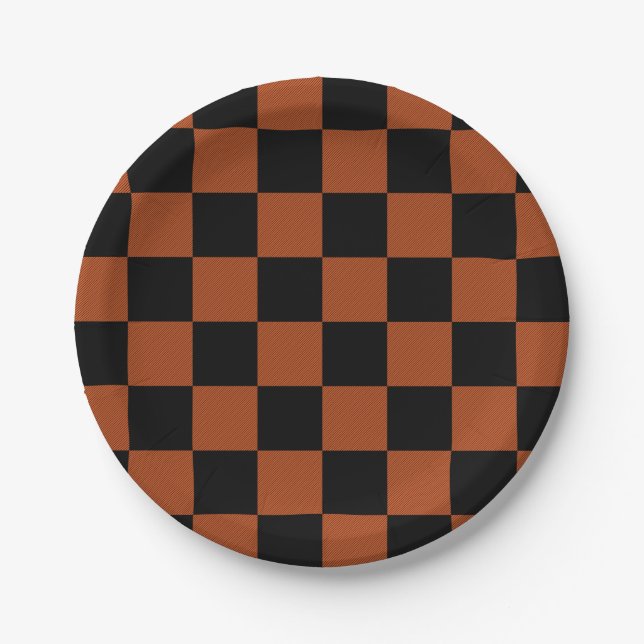 Black & Orange Checkered Squares Buffalo Plaid Paper Plates (Front)