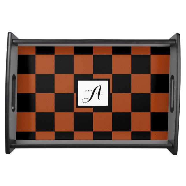 Black & Orange Checkered Squares Buffalo Plaid Serving Tray (Front)