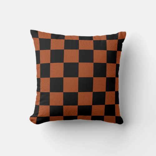 Black  Orange Checkered Squares Buffalo Plaid Throw Pillow