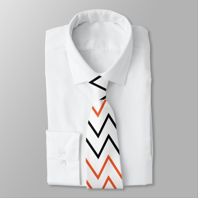 Black Orange Chevron Zigzag Neck Tie (Tied)