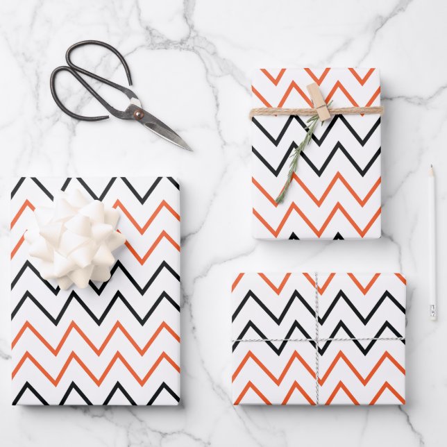 Black Orange Chevron Zigzag Wrapping Paper Sheets (Front)