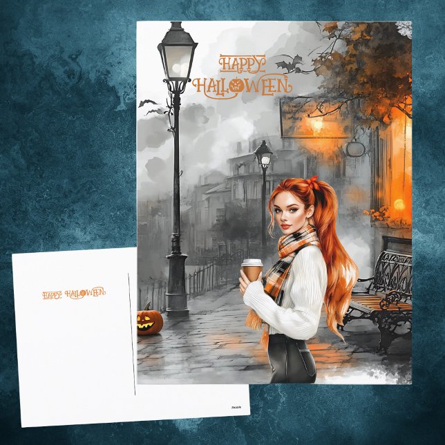 Black Orange Chic Girl Haunted Street Halloween Holiday Postcard (Creator Uploaded)