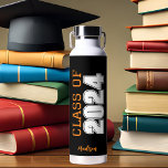 Black Orange Class of 2024 Personalized Graduation Water Bottle<br><div class="desc">This black orange custom senior graduate water bottle features bold white typography reading class of 2024 in varsity letters for a high school or college graduation party keepsake gift. Customize with your name in elegant cursive script underneath for a great commemorative favor.</div>