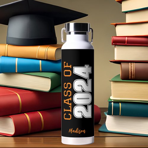 Black Orange Class of 2024 Personalized Graduation Water Bottle