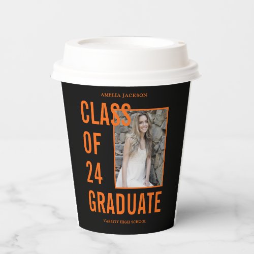 Black  Orange Class Of 24 Photo Graduation Paper Cups