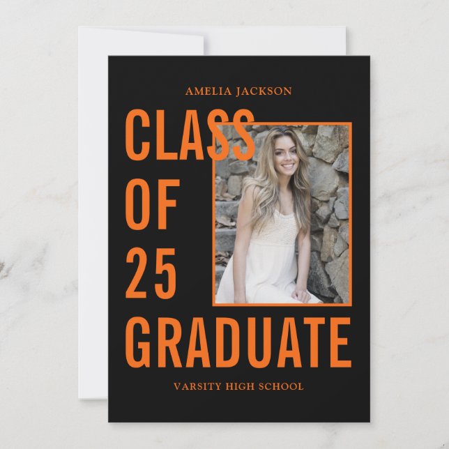 Black & Orange Class Of 25 Photos Graduation Party Invitation (Front)