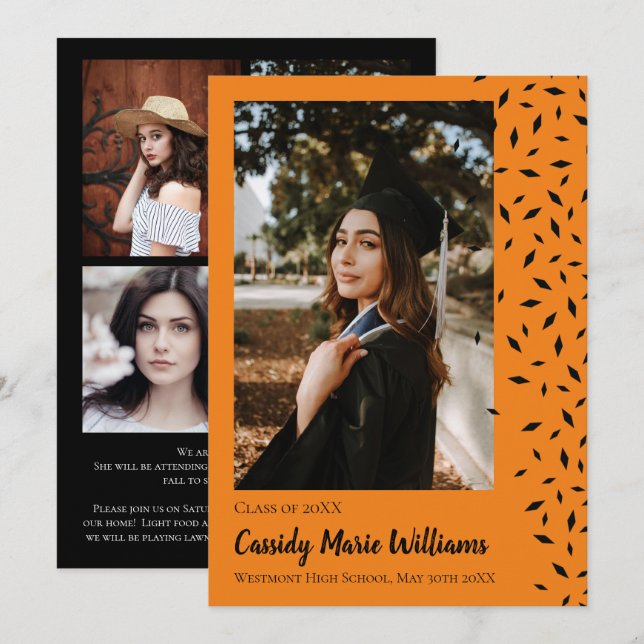 Black Orange Confetti Graduation Announcement (Front/Back)