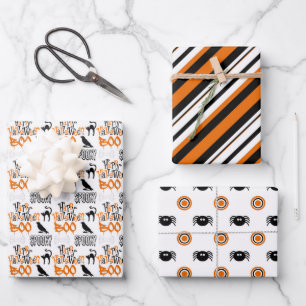 Black Orange Cute Boo Spider Stripes Halloween Wrapping Paper Sheets