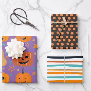 Black Orange Cute Pumpkin Stripes Halloween Wrapping Paper Sheets