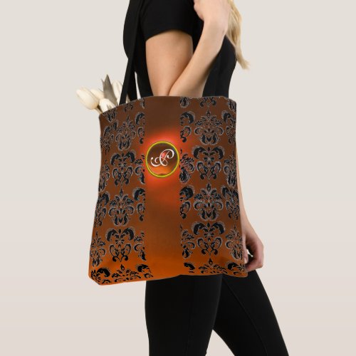 BLACK ORANGE DAMASK FLORAL GEMSTONE MONOGRAM TOTE BAG