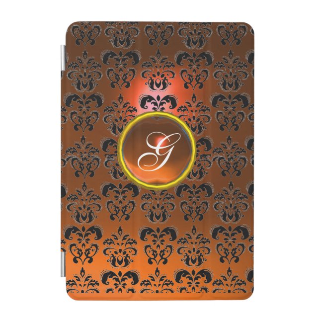 BLACK ORANGE  DAMASK GEMSTONE MONOGRAM iPad MINI COVER (Front)