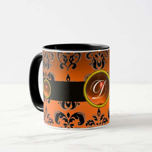 BLACK ORANGE DAMASK GEMSTONE MONOGRAM MUG