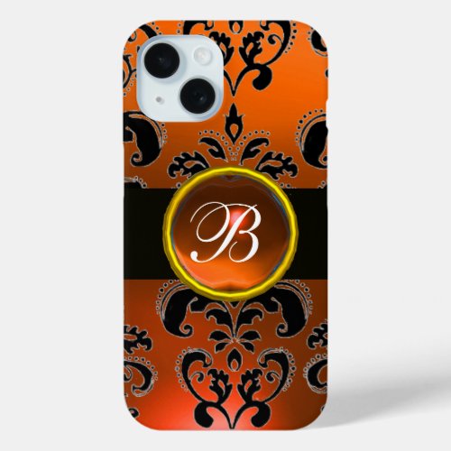 BLACK ORANGE DAMASK MONOGRAM Gemstone iPhone 15 Case