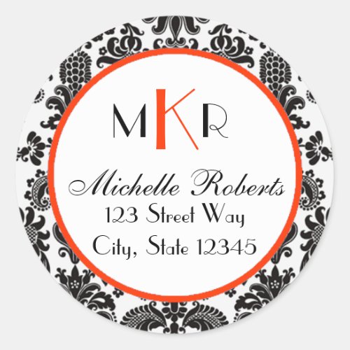 Black  Orange Damask Round Return Address Label