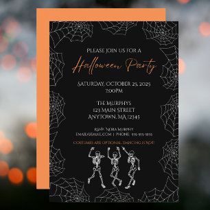 Black Orange Dancing Skeletons Halloween Party Invitation