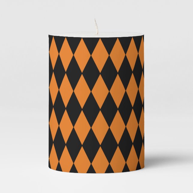 Black & Orange Diamond Print Pillar Candle (Front)