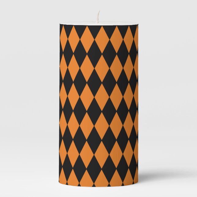 Black & Orange Diamond Print Pillar Candle (Front)