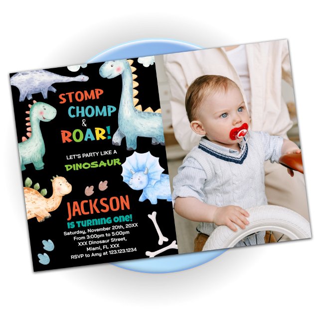 Black Orange Dinosaur Birthday Invitations w photo (Black Orange Dinosaur Birthday Invitations w photo)