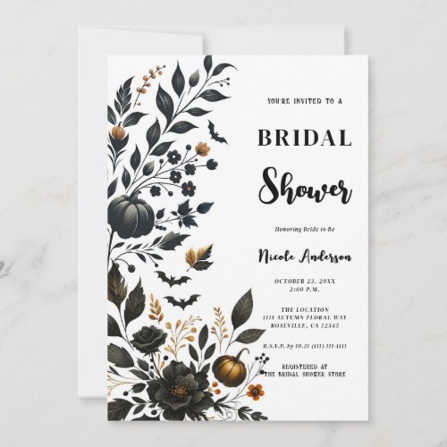 Black Orange Fall Floral Halloween Bridal Shower Invitation